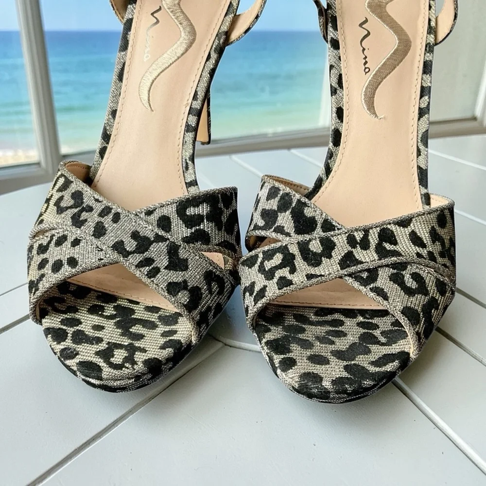Nina Sparkle Silver Leopard Print Heeled Sandals with Ankle Strap - Picture 4 of 12